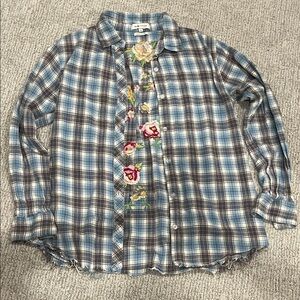 MM Vintage Embroidered Plaid Button-Up Shirt in Blue and Brown and White